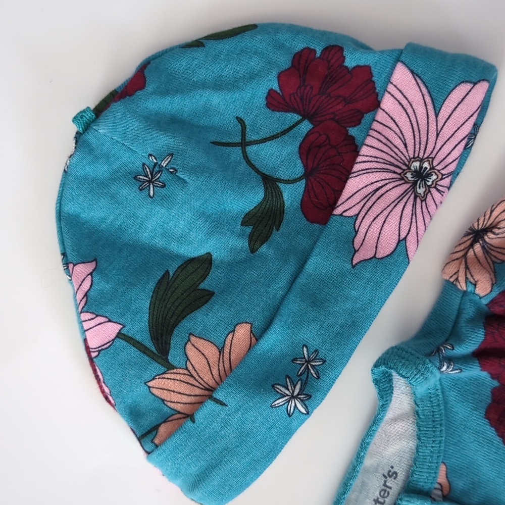 Carter's Infant (3M)  2 Pc. Turquoise Floral Onesie/Footie & Cap - Picture 4 of 6